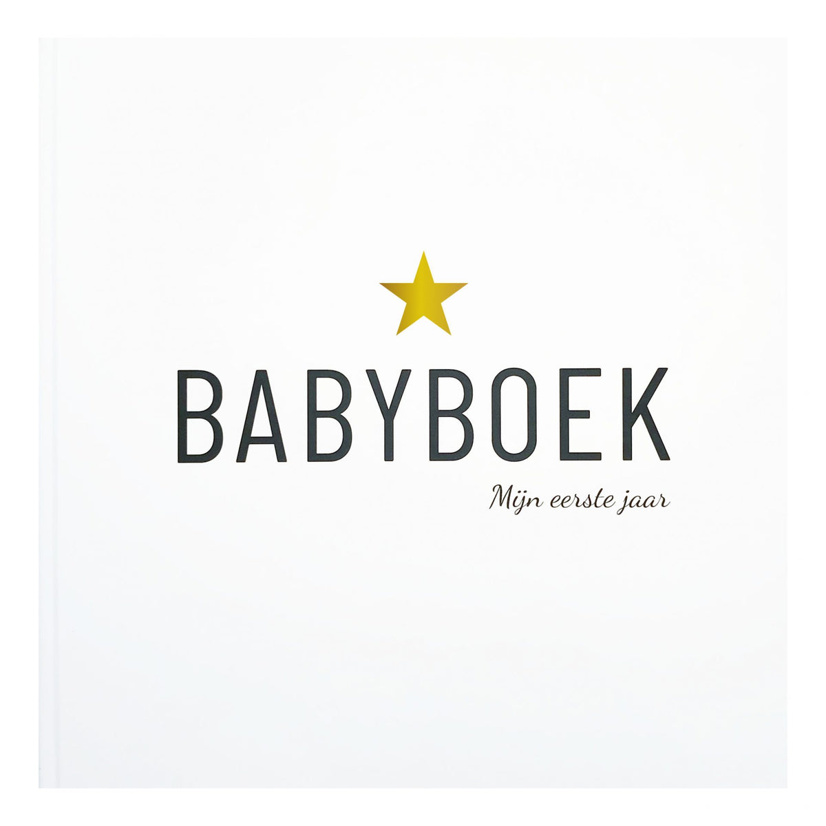 Witte cover van het invulboek Babyboek mijn eerste jaar, met een gele ster en donkere letters.