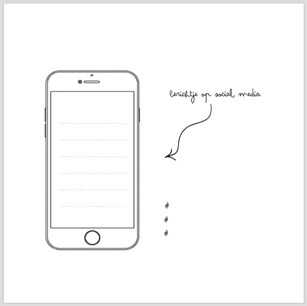 Pagina uit het Bump invulboek met een getekende smartphone en schrijfruimte voor een berichtje op social media.