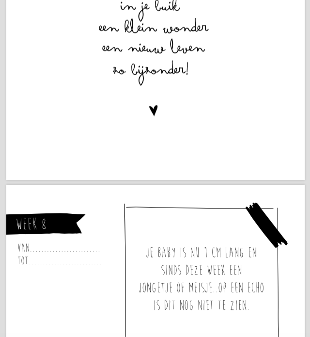 Binnenwerk van het Bump zwangerschapsinvulboek met een versje en een invulpagina voor week 8.