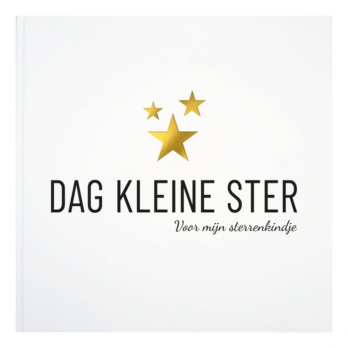 Witte kaft van invulboek Dag Kleine Ster met drie goudkleurige sterren en de tekst ‘Voor mijn sterrenkindje’.