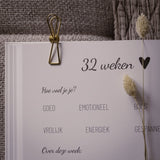 Detail van het zwangerschapsdagboek bij 32 weken, met gevoelsvragen, een goudkleurige klem en droogbloemen.