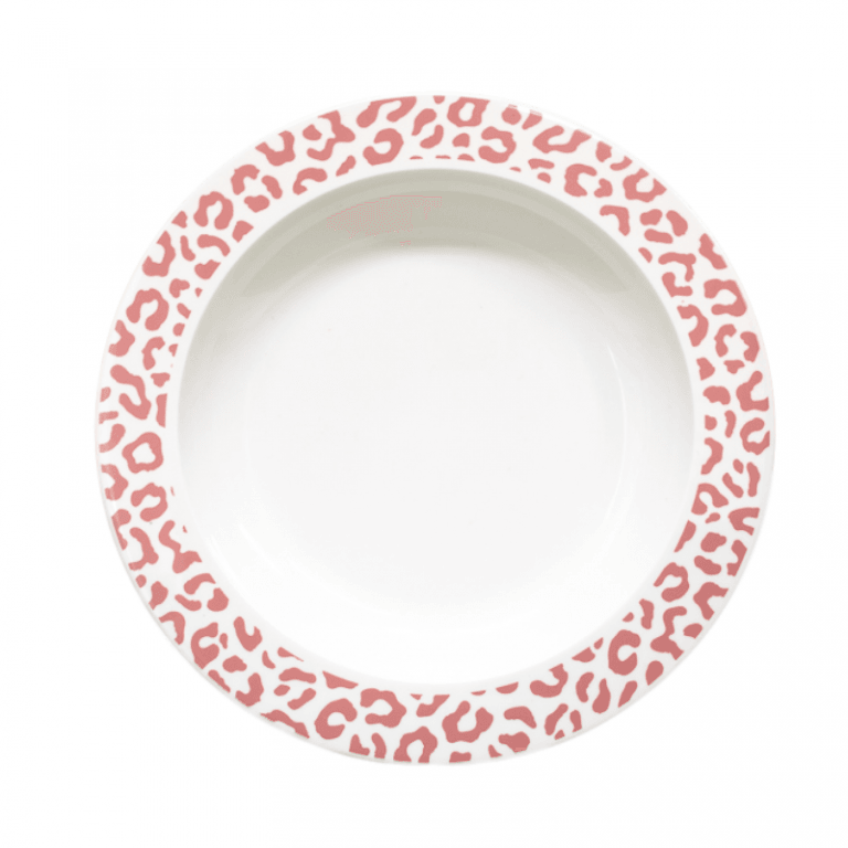 Wit bord Leopard Blush van bovenaf, met oudroze luipaardprint op de rand.