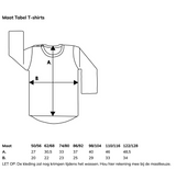 Maattabel voor het Big Brother T-shirt met meetpijlen voor lengte en breedte en maten van 50/56 tot 122/128.