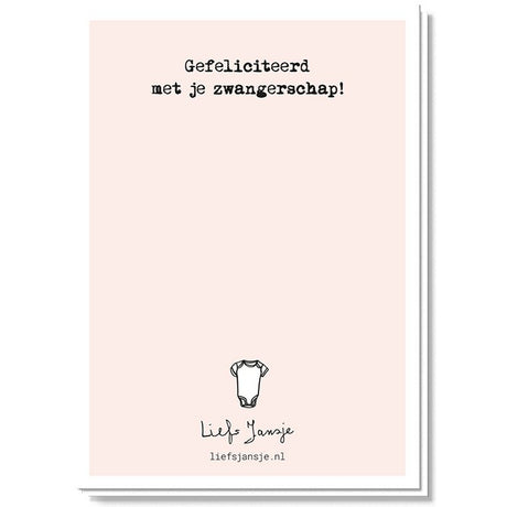 Achterzijde van lichtroze wenskaart Mama to be met de tekst ‘Gefeliciteerd met je zwangerschap!’ en een babyromper.