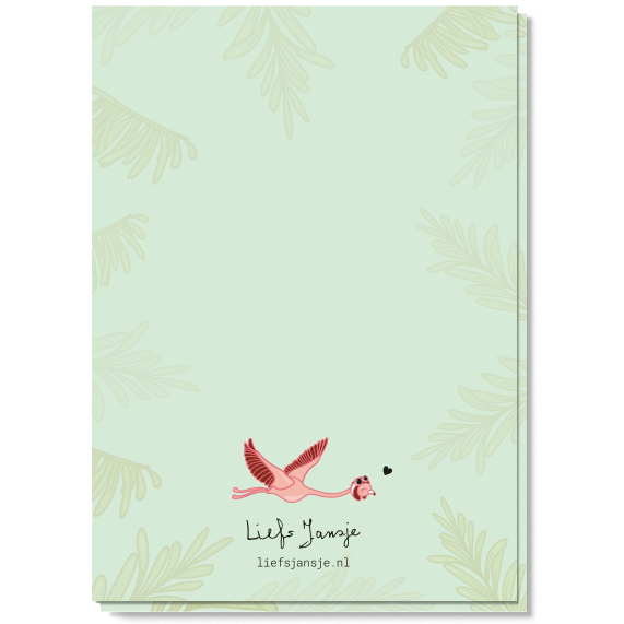 Achterkant van de zwangerschapsaankondiging met lichtgroene bladeren, een kleine roze flamingo en het logo van Liefs Jansje.